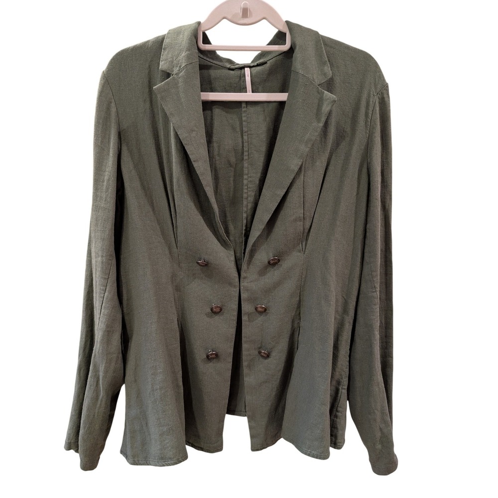 Free People Womens Olive Green Linen Blend Double Breasted Blazer Jacket Large